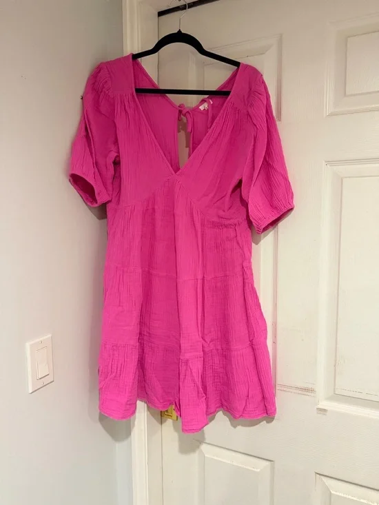 aerie Bright Pink Tiered V-Neck Mini Dress - Picture 3 of 4